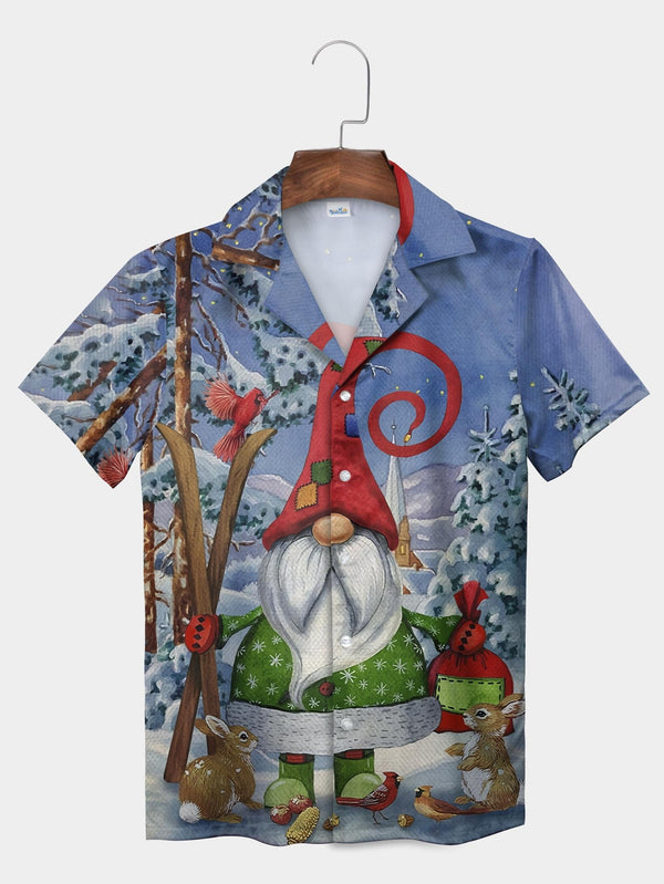 Blue Winter Gnome Forest Animals Snowy Scene Short Sleeve Aloha Shirt  Front