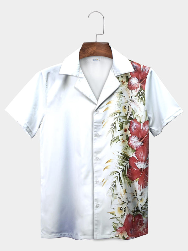 White Bold Hibiscus Side Hawaiian Shirt