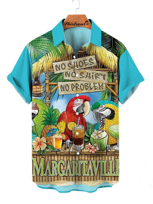 Bright Parrot Detail Hawaiian Short Sleeve Shirt Front