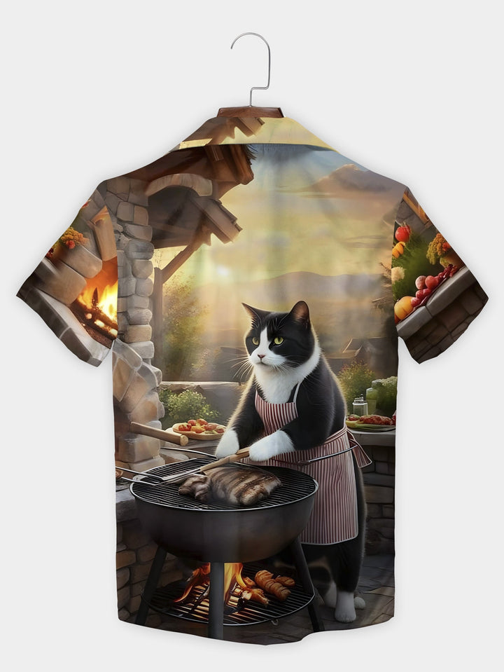 Brown Cat BBQ Grill Chef Apron Backyard Short Sleeve Hawaiian Shirt  Back