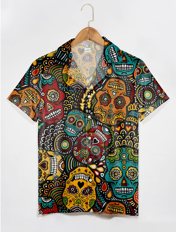 Brown Festive Sugar Skull Day of the Dead Hawaiian Shirt