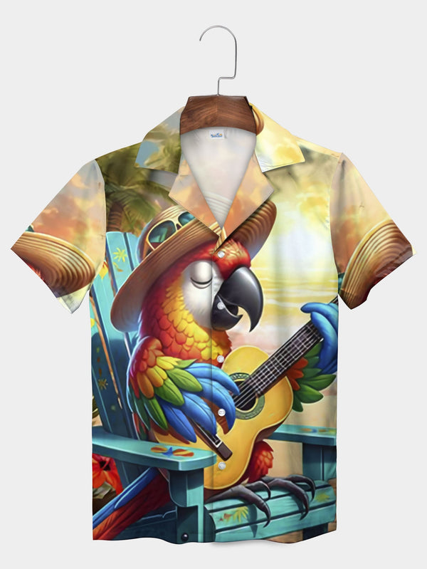 Brown Rumba Parrot with Guitar Hawaiian Shirt