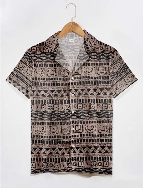 Brown Warm Khaki Geometric Hawaiian Shirt