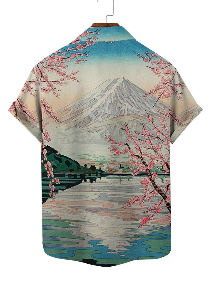 Cherry Blossoms Mountain Hawaiian Short Sleeve Shirt Back