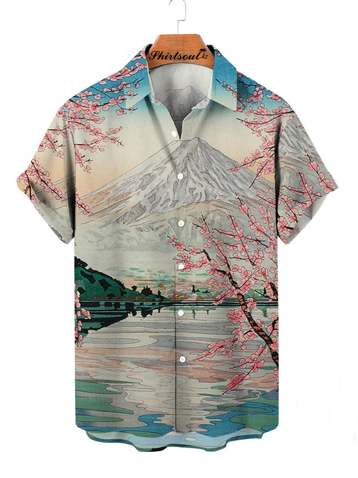 Cherry Blossoms Mountain Hawaiian Short Sleeve Shirt Front