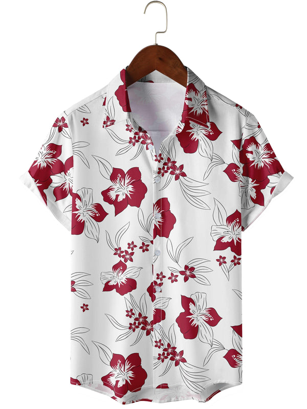 Classic Hibiscus Floral Print Short Sleeve Hawaiian Shirt  Front