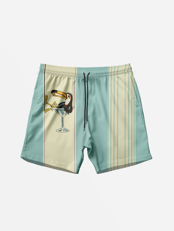 Blue Mint Green Toucan Cocktail Beach Shorts  Front