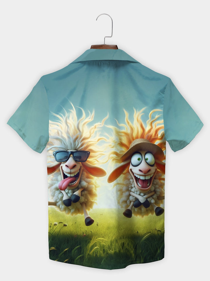 Comical Blue Sheep Crazy Faces Fun In Field Short Sleeve Hawaiian Shirt  Back