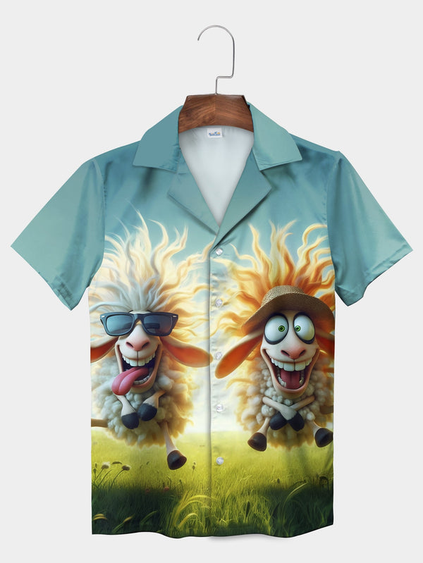 Comical Blue Sheep Crazy Faces Fun In Field Short Sleeve Hawaiian Shirt  Front