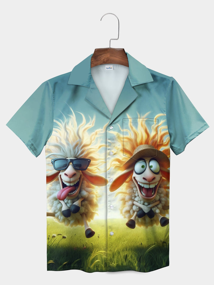 Comical Blue Sheep Crazy Faces Fun In Field Short Sleeve Hawaiian Shirt  Pocket