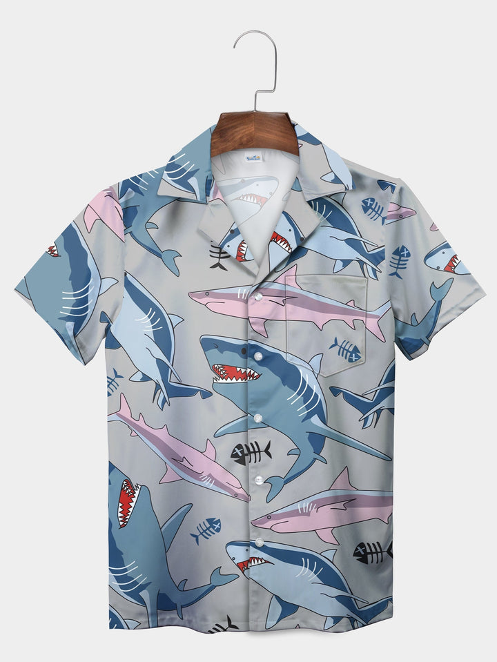 Cool Blue Shark Encounter Ocean Short Sleeve Hawaiian Shirt  Pocket