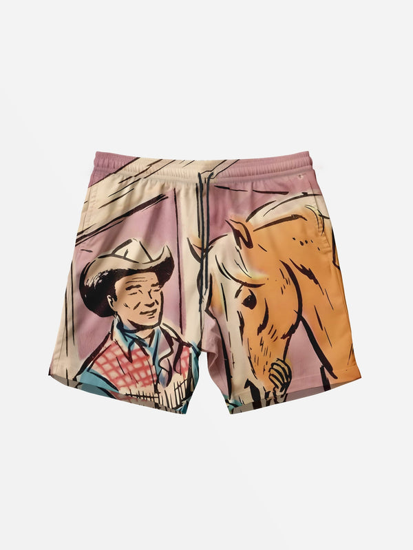 Beige Cowboy Western Scene Beach Shorts  Front