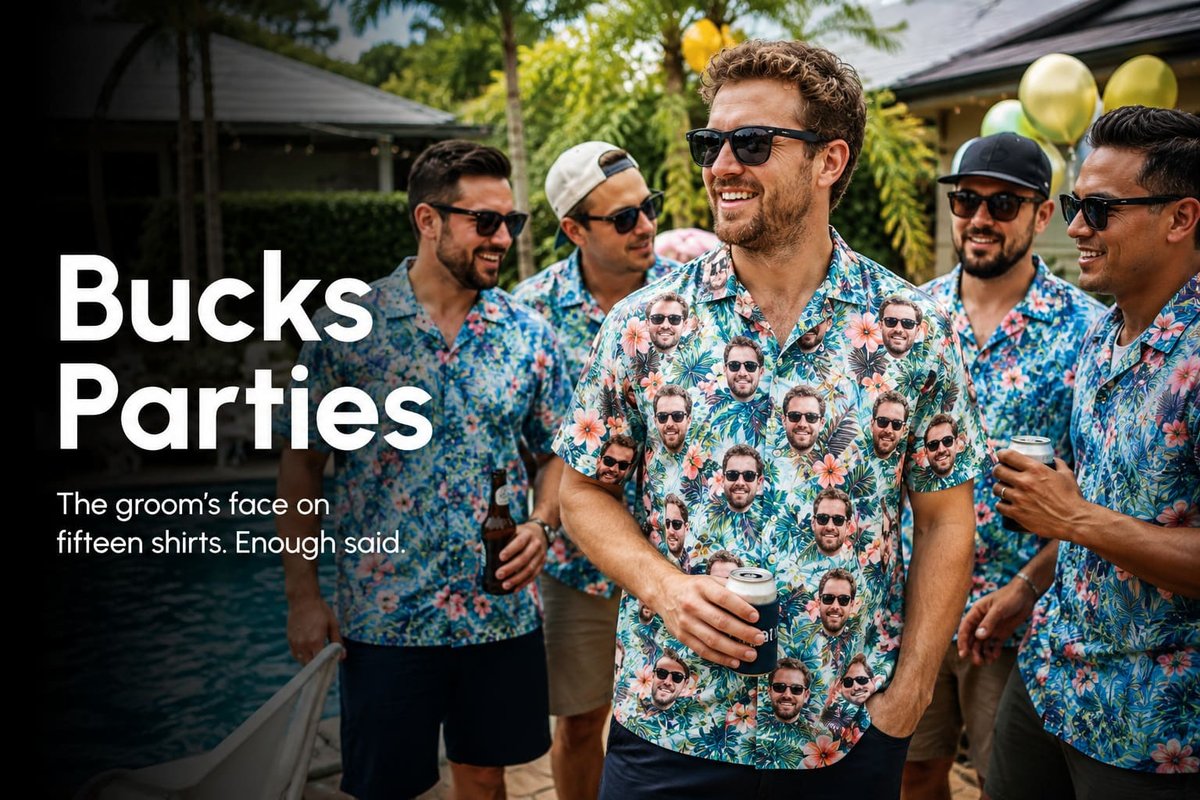 Groom's party in custom face-print Hawaiian shirts at a bucks party in Australia — The Hula Hut