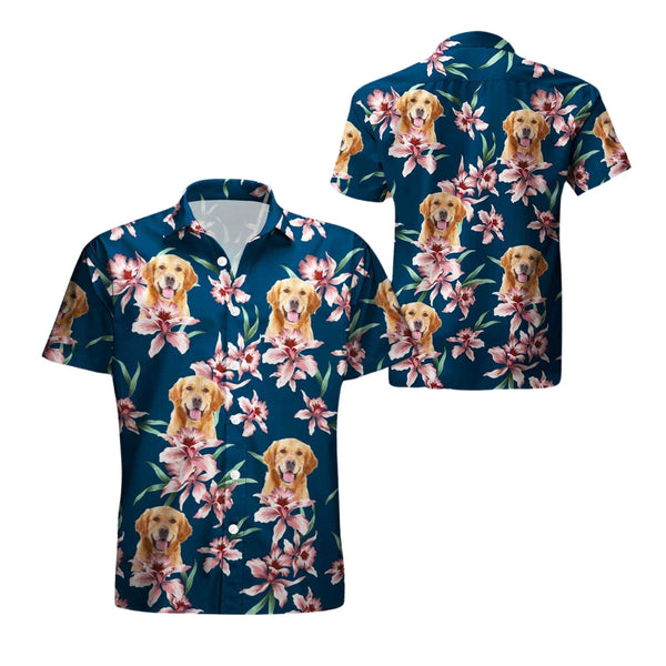 Custom Navy Pet Face Floral Hawaiian Shirt