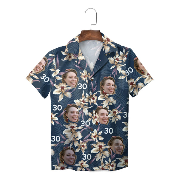 Tropical Orchid Navy Blue Custom Photo Face Hawaiian Shirt