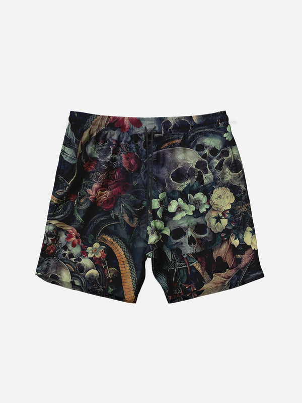 Black Floral Skull Beach Shorts  Front