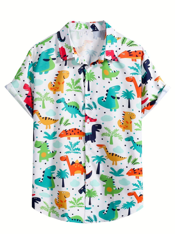 Dinosaur Cartoon Pattern Short Sleeve Hawaiian Shirt  Front