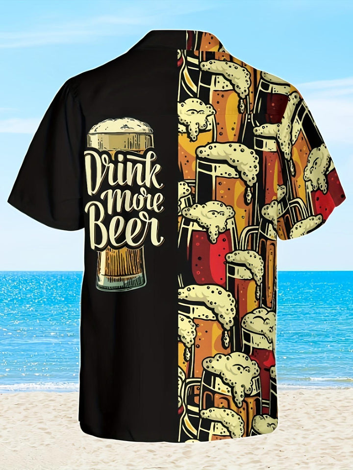 Drink More Beer Slogan With Beer Mugs Print Short Sleeve Hawaiian Shirt  Back