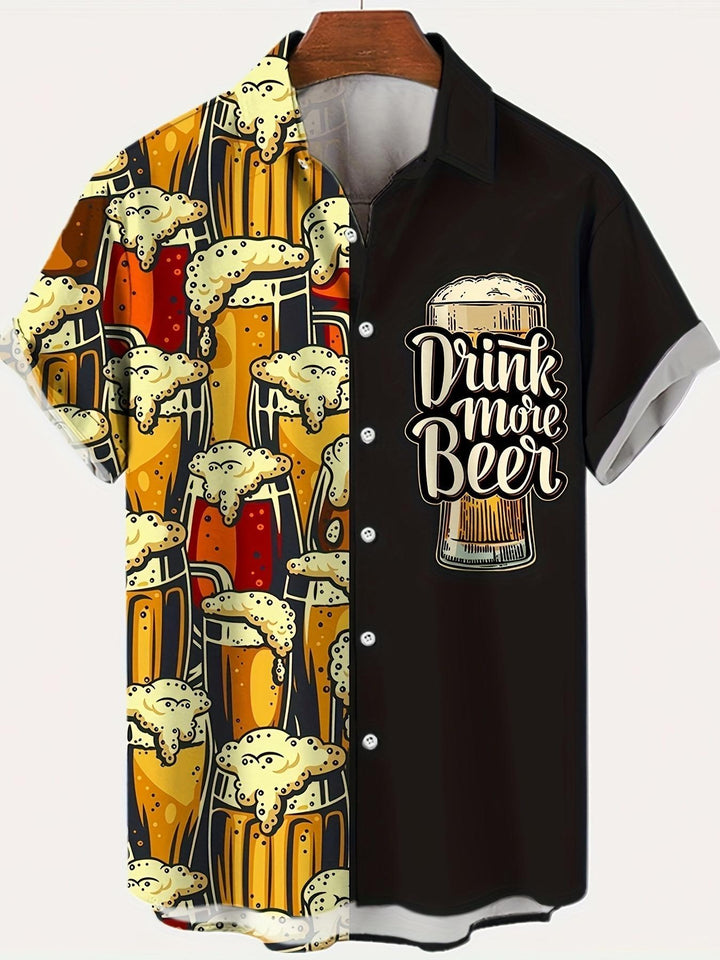 Drink More Beer Slogan With Beer Mugs Print Short Sleeve Hawaiian Shirt  Front