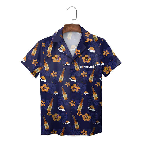 Beer Bottle and Hibiscus Navy Blue Custom Hawaiian Shirt