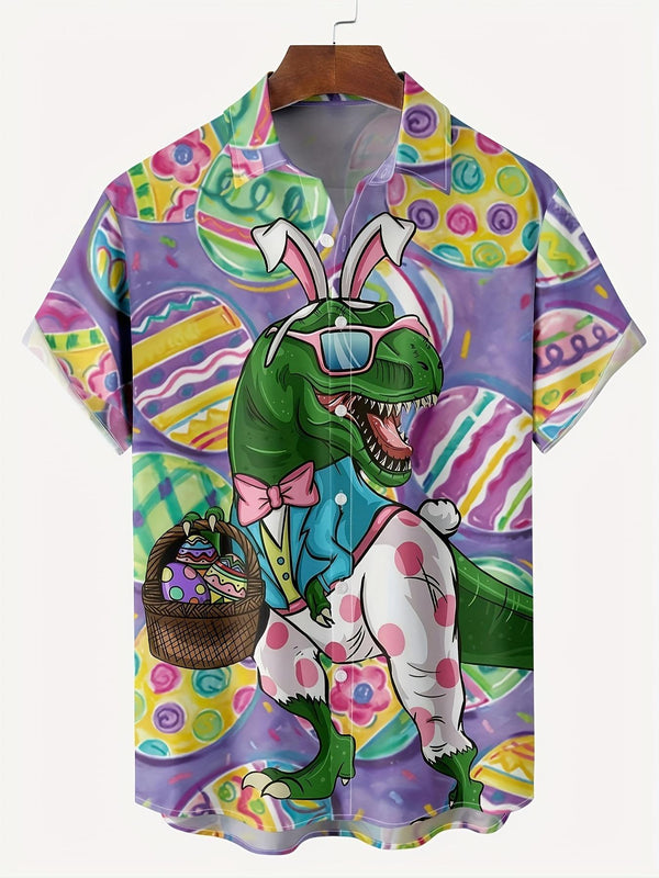 Easter Bunny T-Rex With Basket Full Of Eggs Short Sleeve Hawaiian Shirt  Front