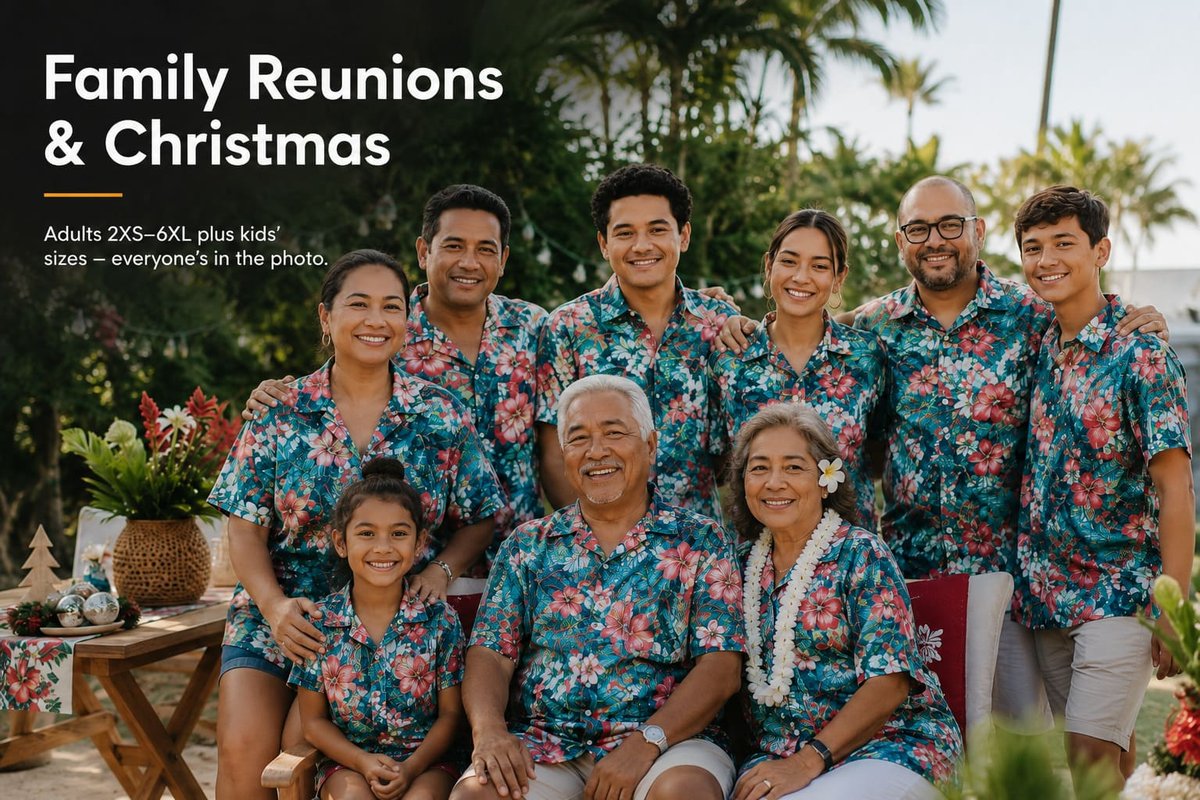 Three-generation family in matching custom Hawaiian shirts at a family reunion in Australia — The Hula Hut