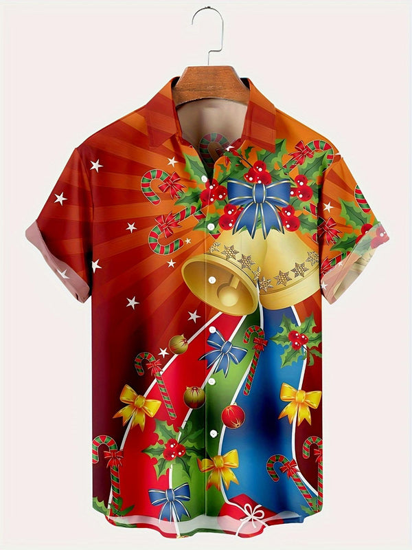 Festive Christmas Bells And Candy Canes Short Sleeve Hawaiian Shirt  Front