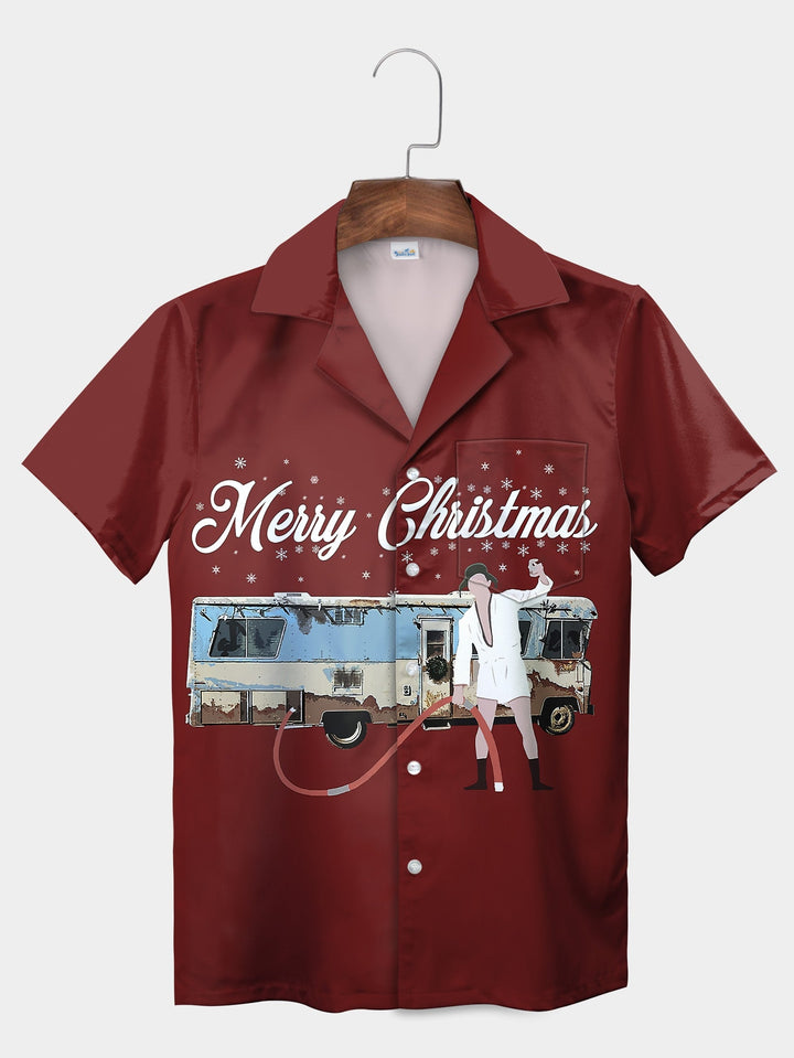 Festive Red Merry Christmas Theme Graphic Short Sleeve Hawaiian Shirt  Front