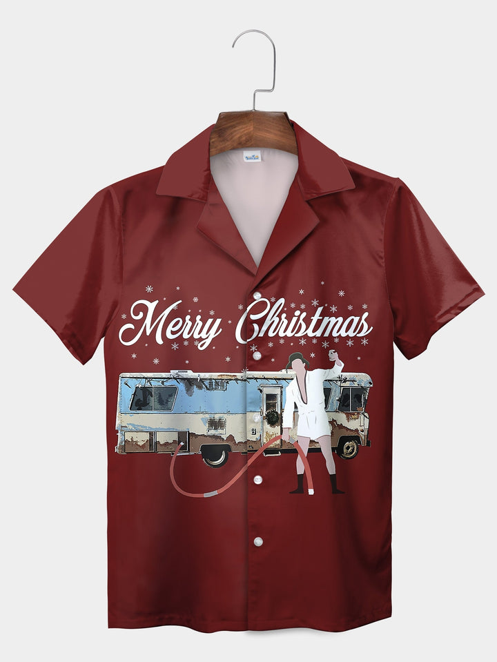 Festive Red Merry Christmas Theme Graphic Short Sleeve Hawaiian Shirt  Pocket