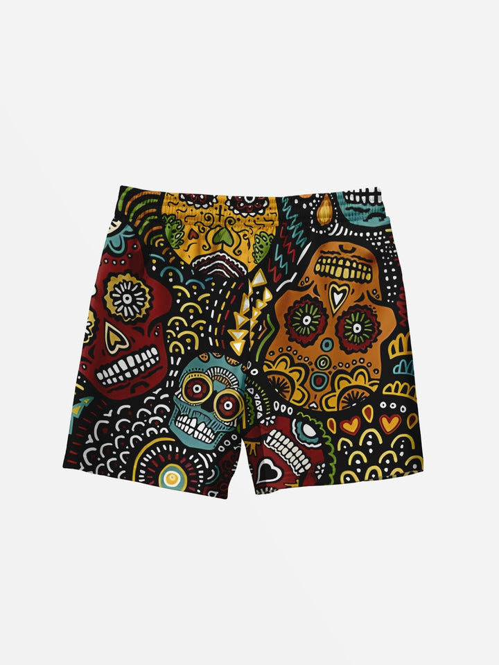 Brown Festive Sugar Skull Day of the Dead Beach Shorts  Back