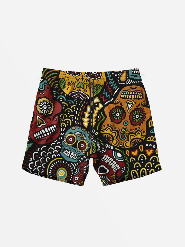 Brown Festive Sugar Skull Day of the Dead Beach Shorts  Front