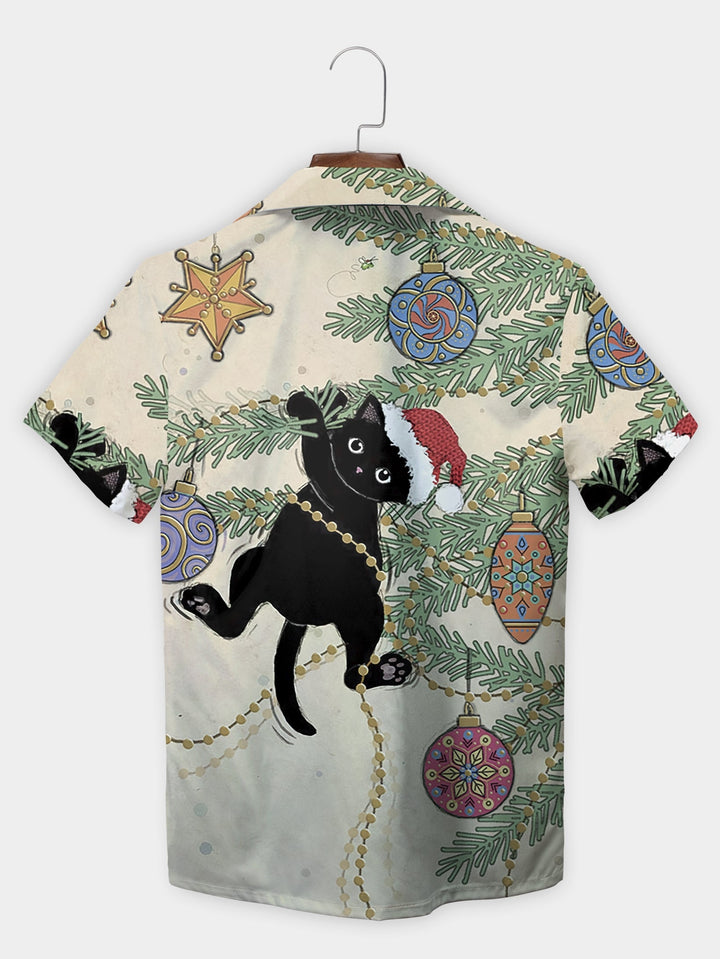 Festive White Cat Climbing Christmas Tree Short Sleeve Hawaiian Shirt  Back