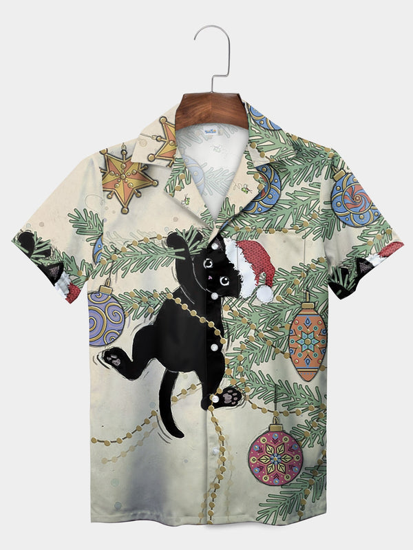 Festive White Cat Climbing Christmas Tree Short Sleeve Hawaiian Shirt  Front