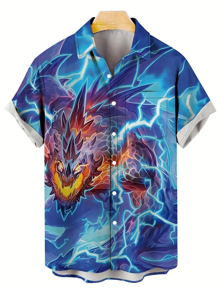 Fiery Dragon With Electric Blue Lightning Abstract Design Short Sleeve Hawaiian Shirt  Front