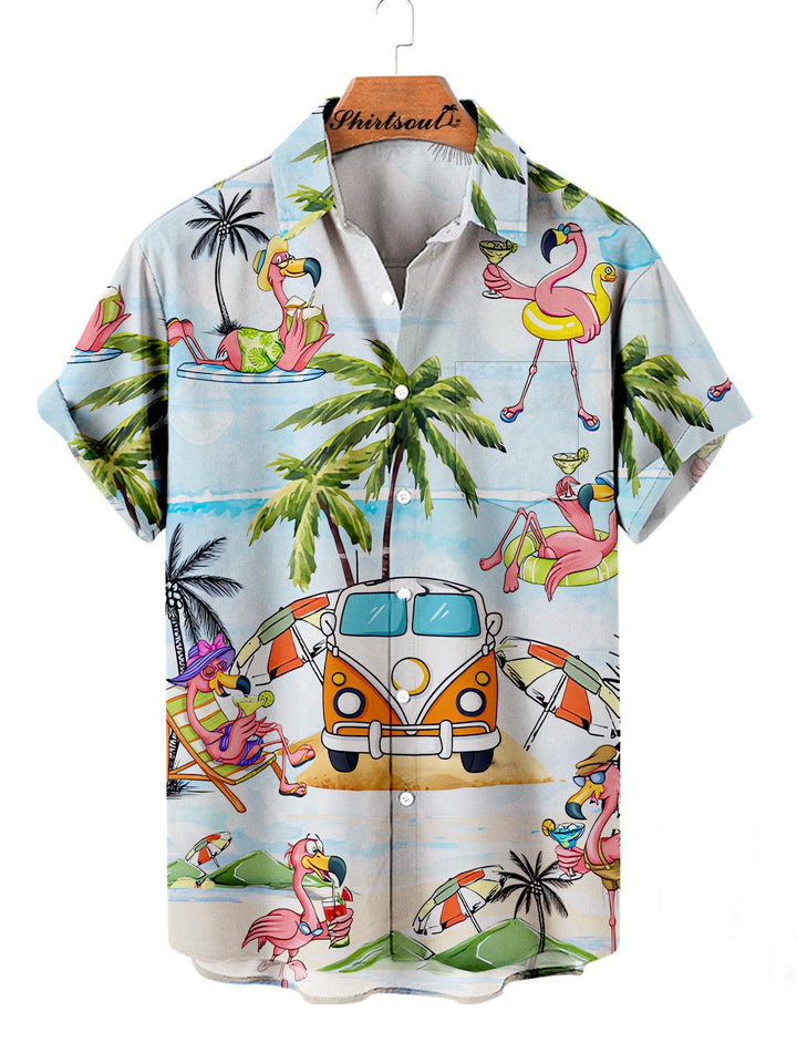 Flamingo Beach Party Hawaiian Short Sleeve Shirt Front