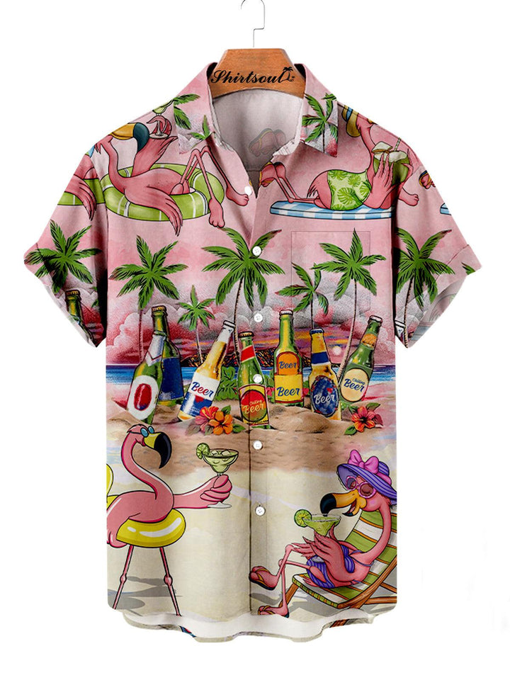 Flamingo Party Pink Hawaiian Short Sleeve Shirt Front