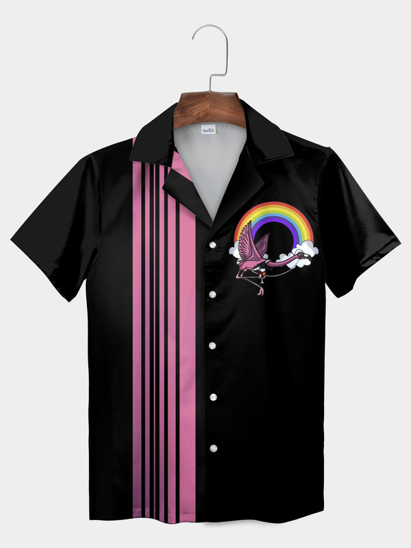 Black Flamingo Stripes Hawaiian Shirt