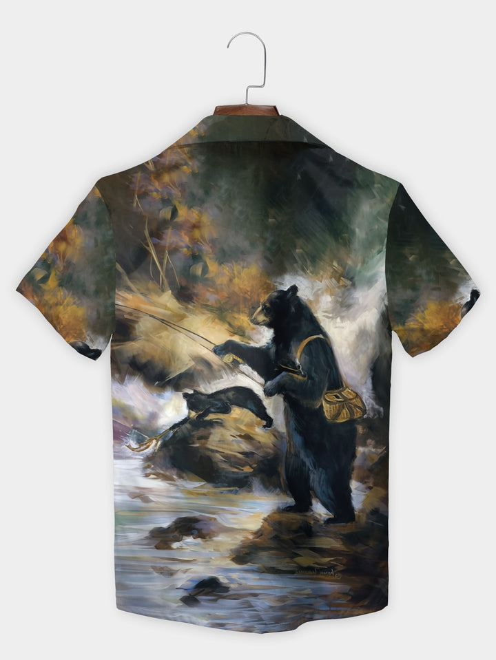 Funny Black Bear Fishing On River Nature Art Short Sleeve Hawaiian Shirt  Back