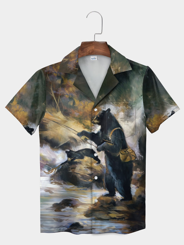 Funny Black Bear Fishing On River Nature Art Short Sleeve Hawaiian Shirt  Front