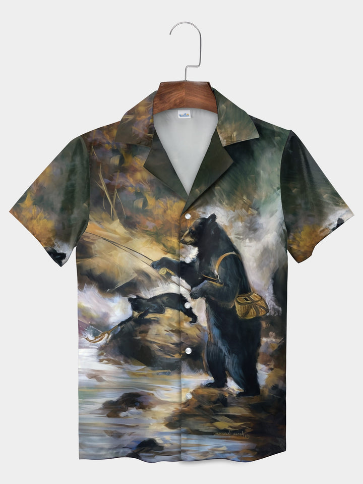 Funny Black Bear Fishing On River Nature Art Short Sleeve Hawaiian Shirt  Pocket