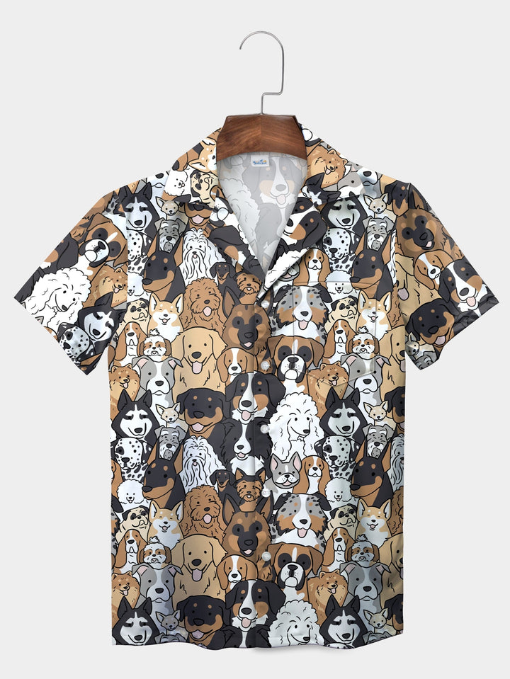 Funny Black Cartoon Dogs Design Pet Lovers Short Sleeve Hawaiian Shirt  Pocket