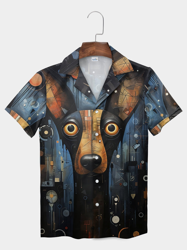 Funny Black Space Dog Design Sci-Fi Short Sleeve Hawaiian Shirt  Front