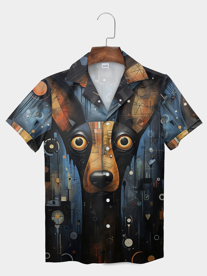 Funny Black Space Dog Design Sci-Fi Short Sleeve Hawaiian Shirt  Pocket