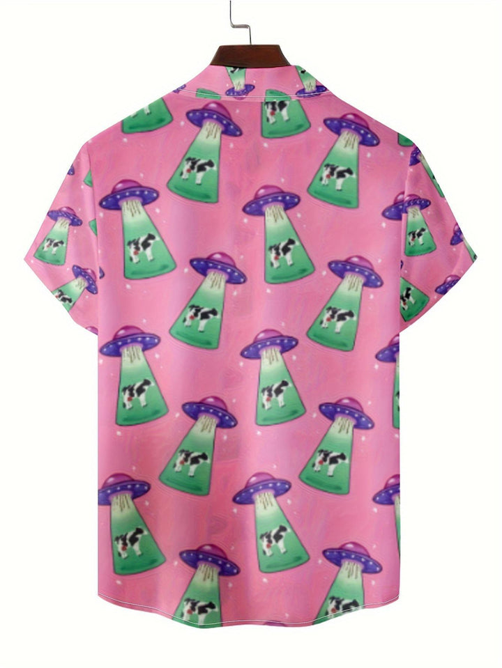 Funny Cow Alien Abduction Space Theme Pink Green Vibrant Design Short Sleeve Hawaiian Shirt  Back