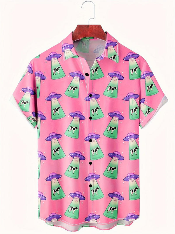 Funny Cow Alien Abduction Space Theme Pink Green Vibrant Design Short Sleeve Hawaiian Shirt  Front