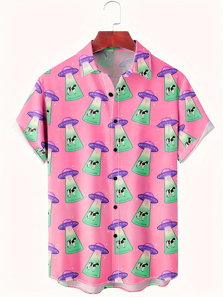 Funny Cow Alien Abduction Space Theme Pink Green Vibrant Design Short Sleeve Hawaiian Shirt  Front