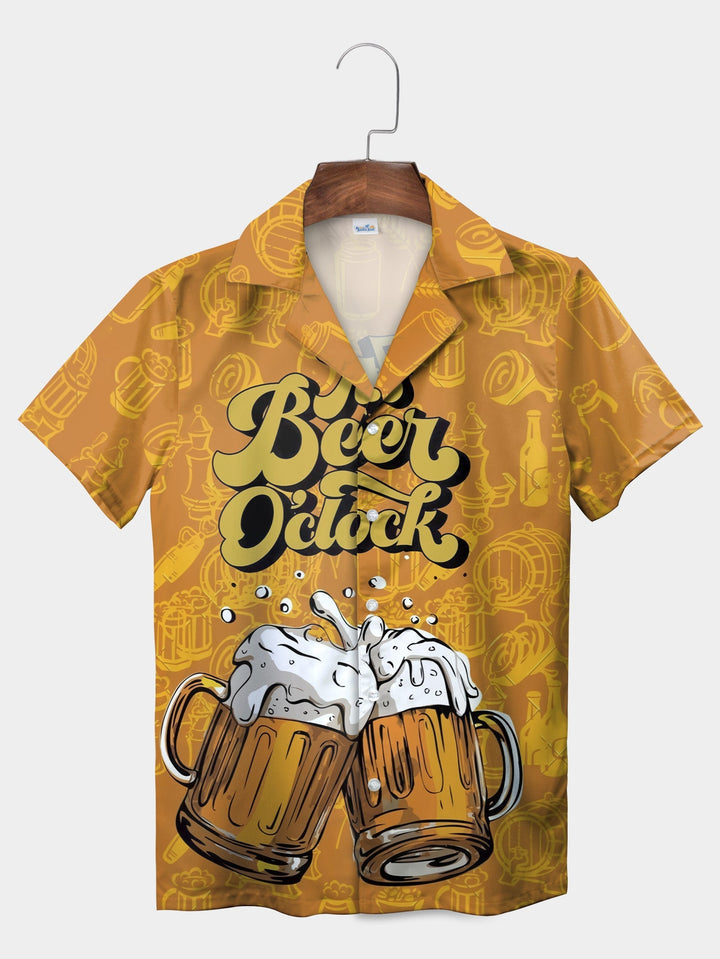 Funny Orange Cheers Design It's Beer O'Clock Short Sleeve Hawaiian Shirt  Pocket