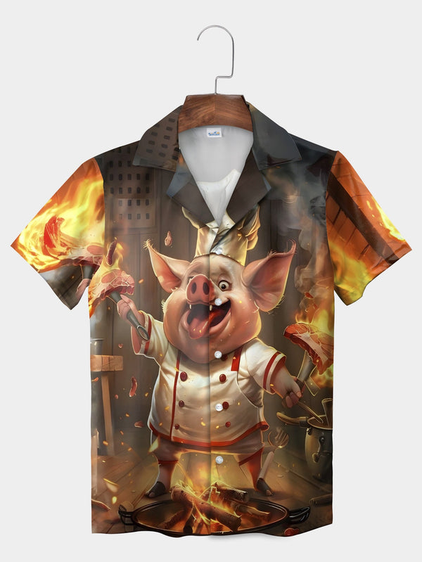 Funny Orange Chef Pig BBQ Cooking On Fire Short Sleeve Hawaiian Shirt  Front