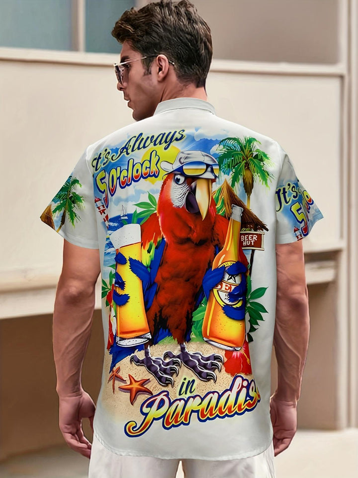 Funny Parrot Drinking Beer Tropical Paradise Short Sleeve Hawaiian Shirt  Back