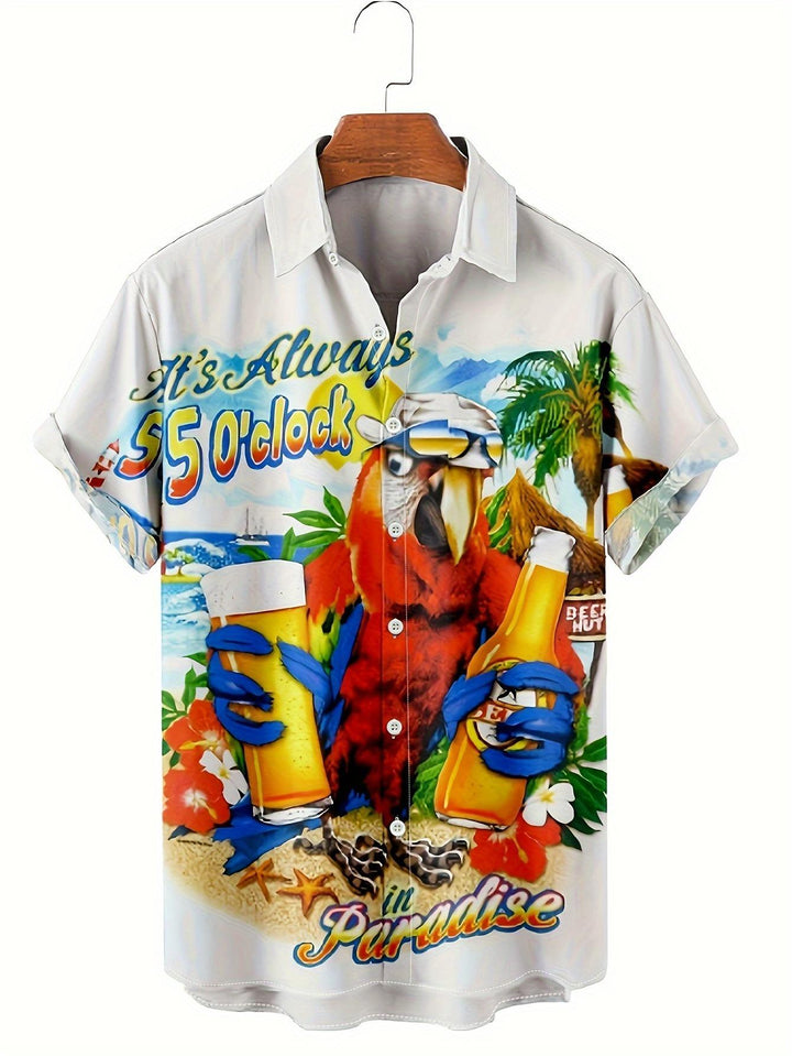 Funny Parrot Drinking Beer Tropical Paradise Short Sleeve Hawaiian Shirt  Front